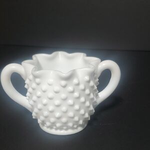 Vtg Fenton White Hobnail Double Handle Sugar Dish